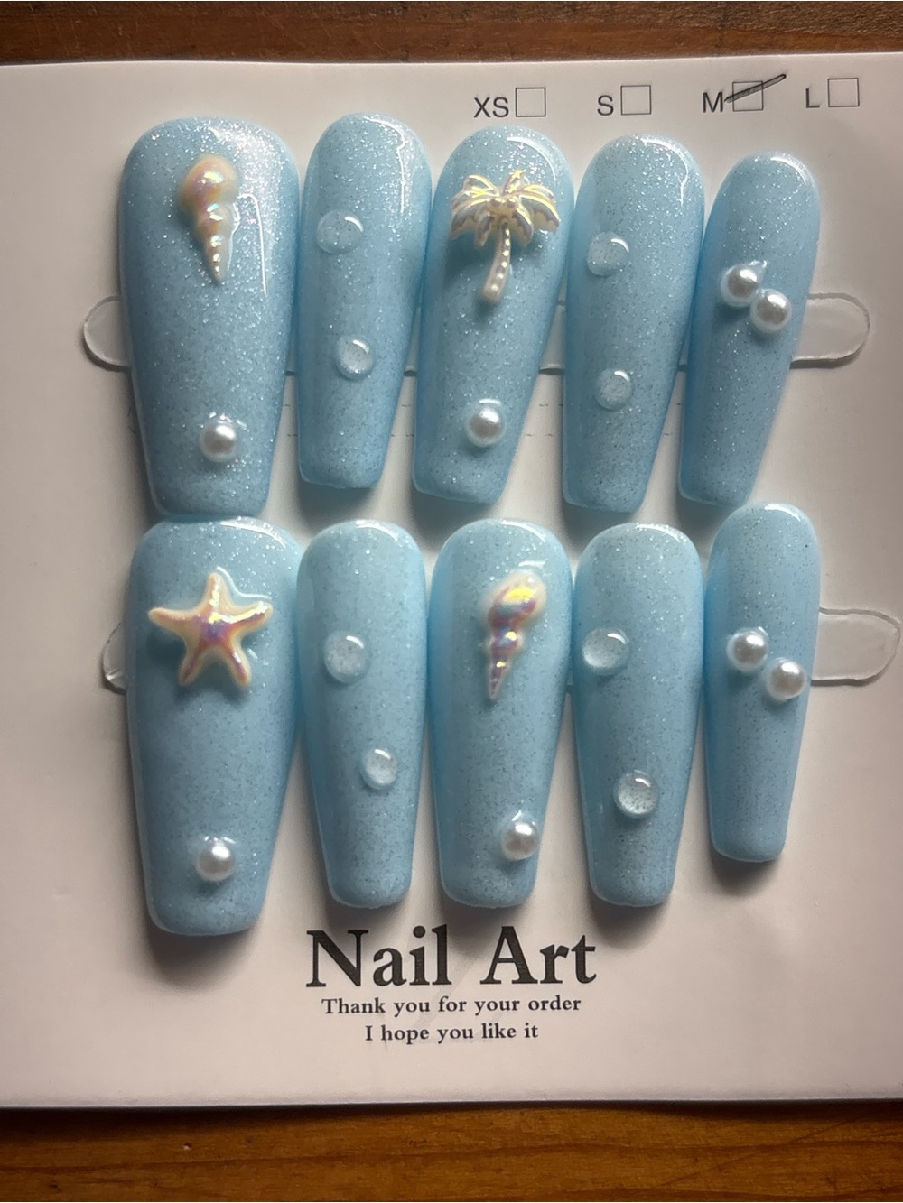Light Blue Pearl Beach-Themed Press-On Nails - Nail Art